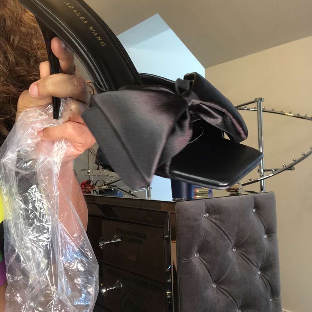 Elaine In Love: Satin Bow Black Mule Stiletto Sandal 8 8.5